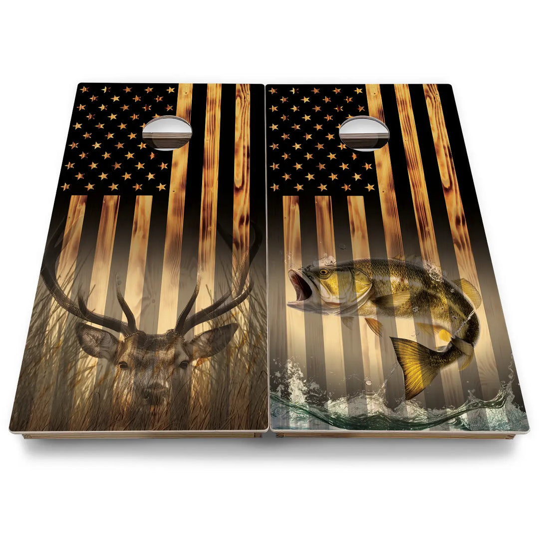 Hidden Deer & Fish Burnt Flag Cornhole Boards - Backyard Series