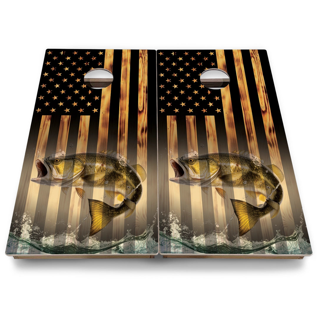 Hidden Deer & Fish Burnt Flag Cornhole Boards - Backyard Series