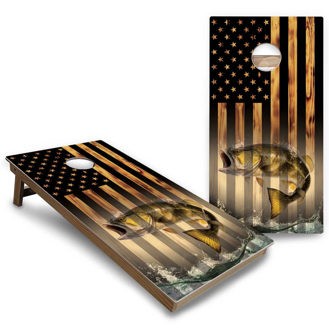 Hidden Deer & Fish Burnt Flag Cornhole Boards - Backyard Series