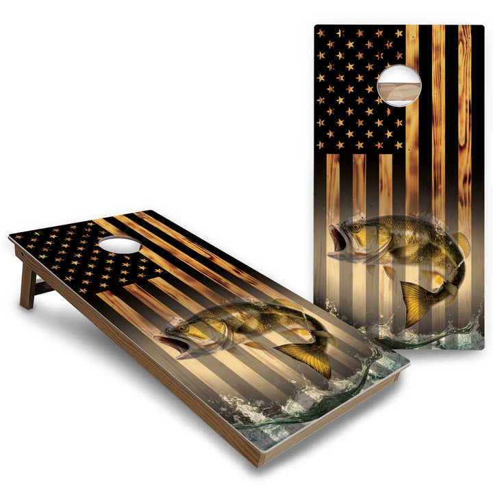 Hidden Deer & Fish Burnt Flag Cornhole Boards - Backyard Series