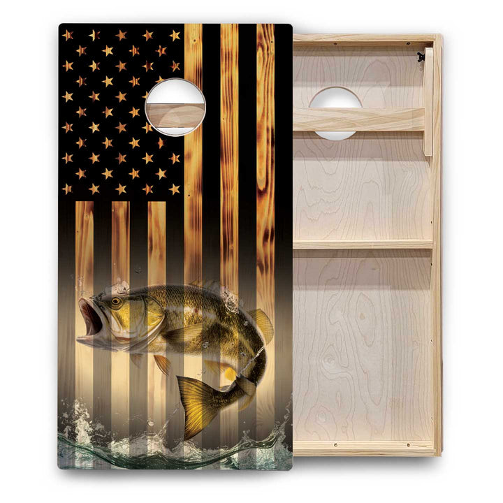 Hidden Deer & Fish Burnt Flag Cornhole Boards - Backyard Series