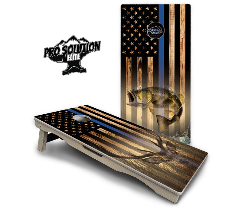 Pro Solution Elite - Blue & Red Line Flag Deer & Fish Design Options - Professional Tournament Cornhole Boards 3/4" Baltic Birch - Zero Bounce Zero Movement Vertical Interlocking Braces for Extra Weight & Stability +Double Thick Legs +Airmail Blocker