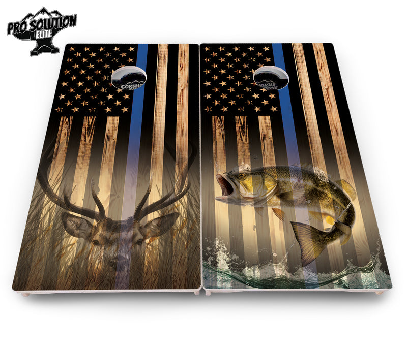 Pro Solution Elite - Blue & Red Line Flag Deer & Fish Design Options - Professional Tournament Cornhole Boards 3/4" Baltic Birch - Zero Bounce Zero Movement Vertical Interlocking Braces for Extra Weight & Stability +Double Thick Legs +Airmail Blocker