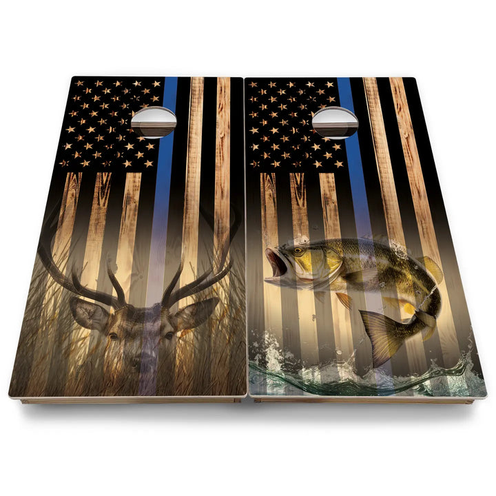 Hidden Deer & Fish Burnt Flag Cornhole Boards - Backyard Series