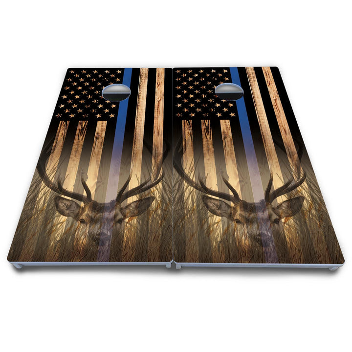 Blue & Red Line Deer & Fish Flag Cornhole Boards - All Weather Series