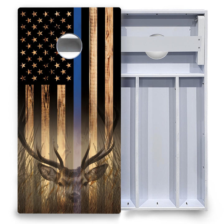 Blue & Red Line Deer & Fish Flag Cornhole Boards - All Weather Series