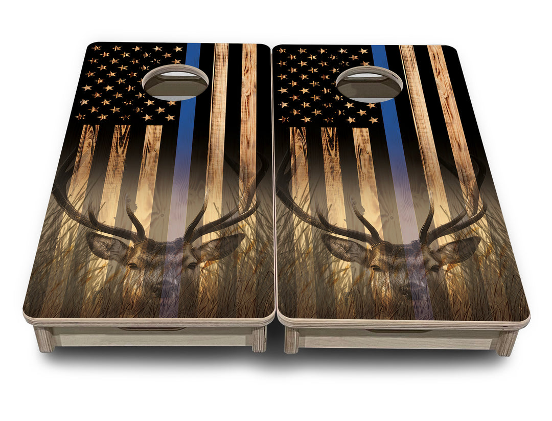 Mini Cornhole Boards - Blue & Red Line Deer & Fish Flag