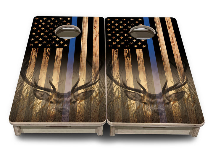 Mini Cornhole Boards - Blue & Red Line Deer & Fish Flag