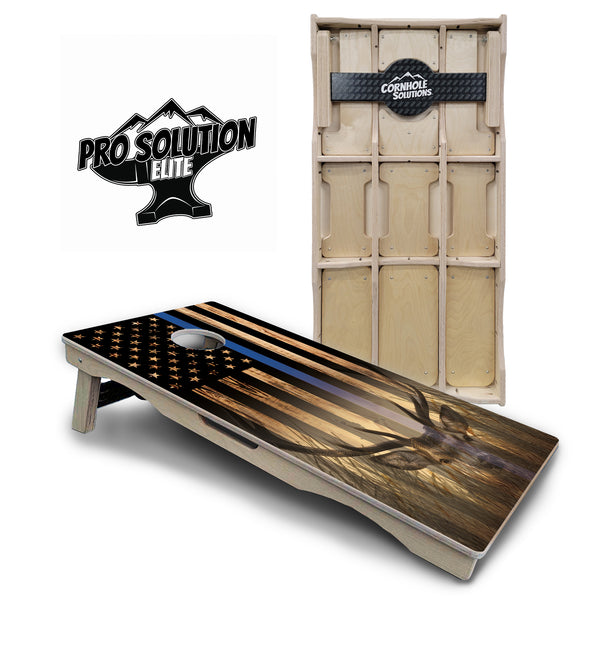 Pro Solution Elite - Blue Line Deer & Fish Flag Design Options - Professional Tournament Cornhole Boards 3/4" Baltic Birch - Zero Bounce Zero Movement Vertical Interlocking Braces for Extra Weight & Stability +Double Thick Legs +Airmail Blocker