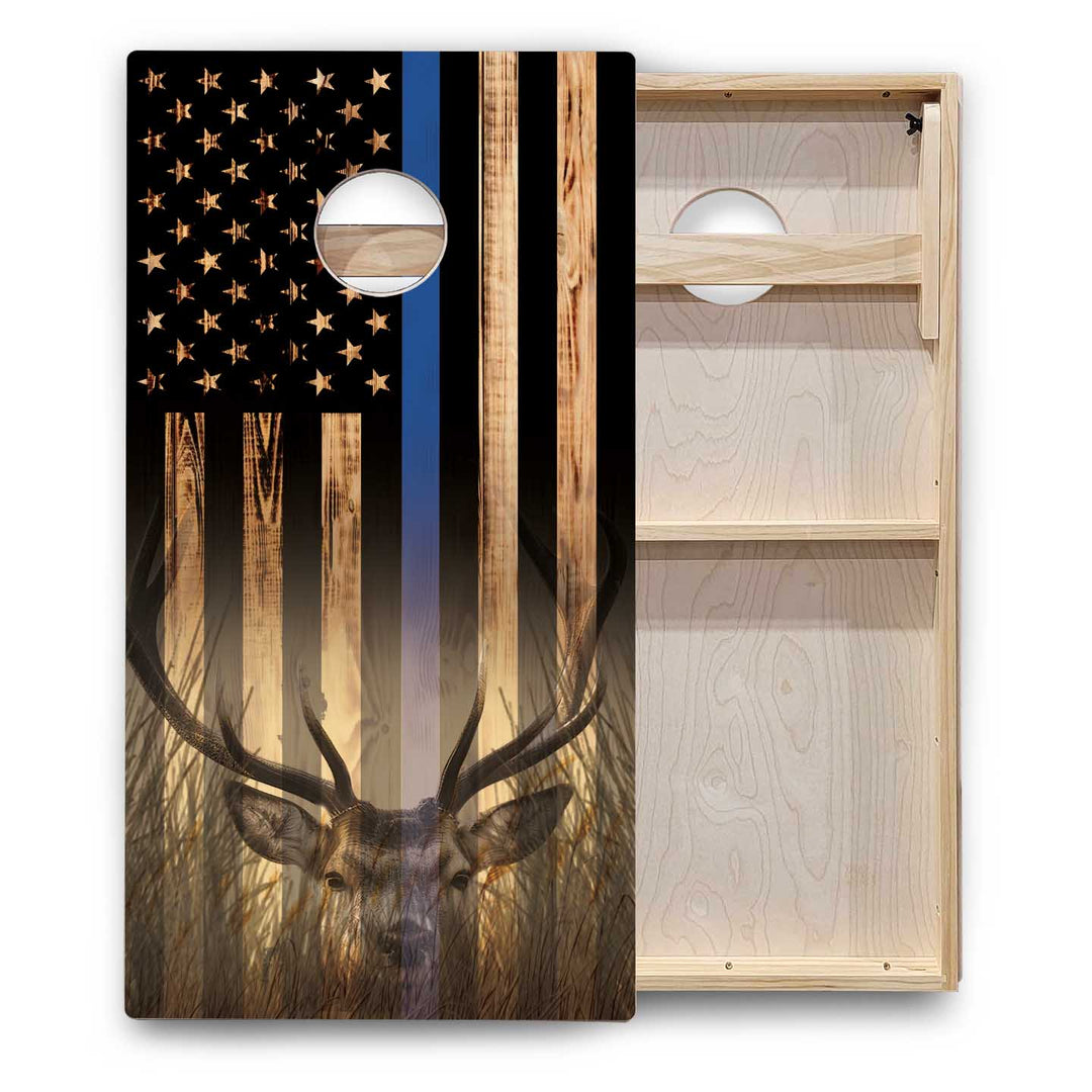 Hidden Deer & Fish Burnt Flag Cornhole Boards - Backyard Series
