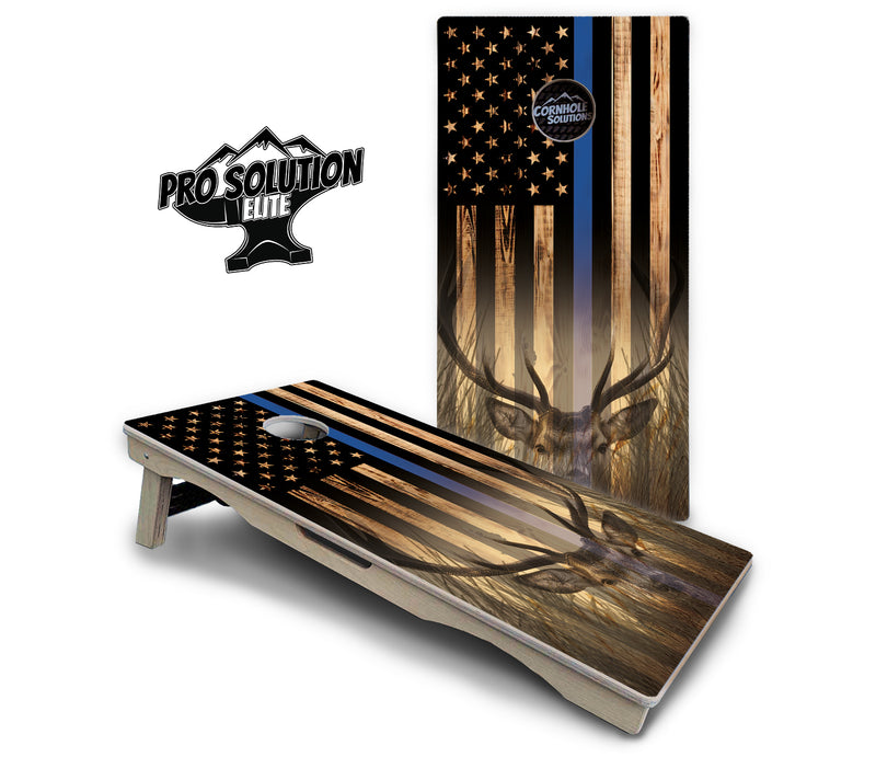 Pro Solution Elite - Blue & Red Line Flag Deer & Fish Design Options - Professional Tournament Cornhole Boards 3/4" Baltic Birch - Zero Bounce Zero Movement Vertical Interlocking Braces for Extra Weight & Stability +Double Thick Legs +Airmail Blocker