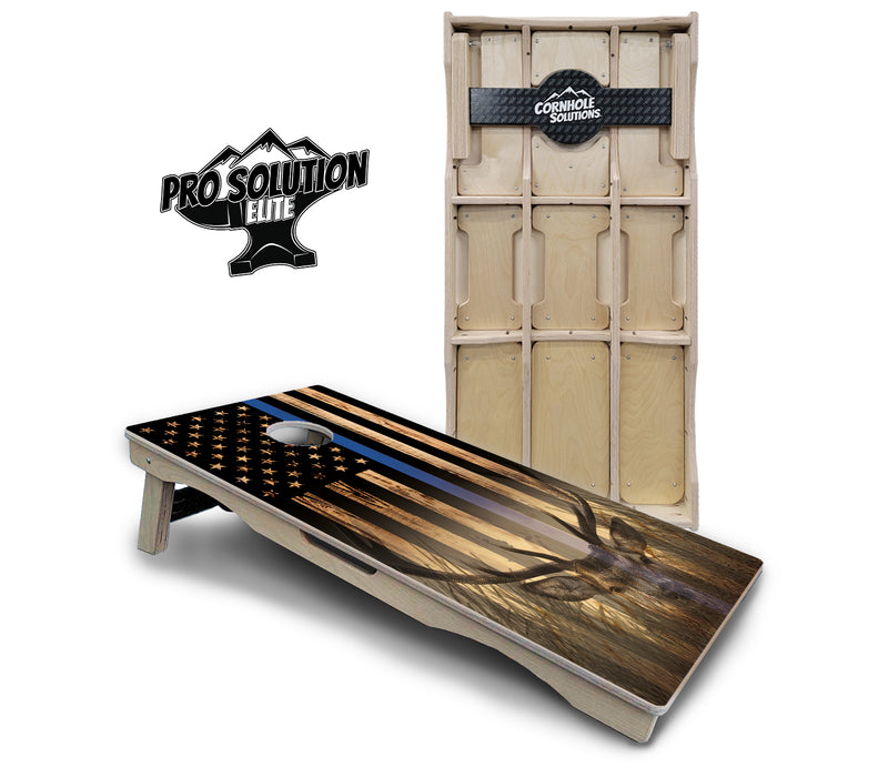 Pro Solution Elite - Blue & Red Line Flag Deer & Fish Design Options - Professional Tournament Cornhole Boards 3/4" Baltic Birch - Zero Bounce Zero Movement Vertical Interlocking Braces for Extra Weight & Stability +Double Thick Legs +Airmail Blocker