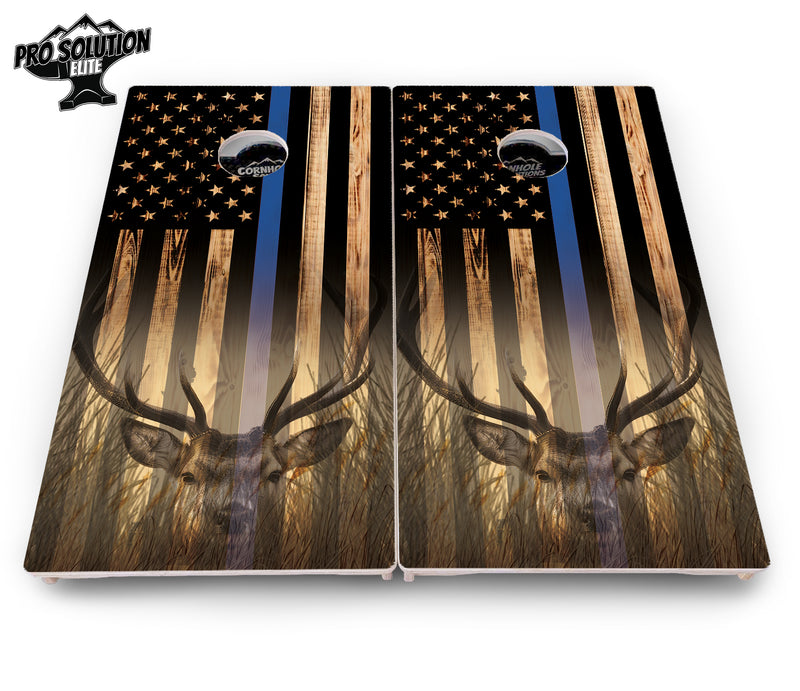 Pro Solution Elite - Blue & Red Line Flag Deer & Fish Design Options - Professional Tournament Cornhole Boards 3/4" Baltic Birch - Zero Bounce Zero Movement Vertical Interlocking Braces for Extra Weight & Stability +Double Thick Legs +Airmail Blocker