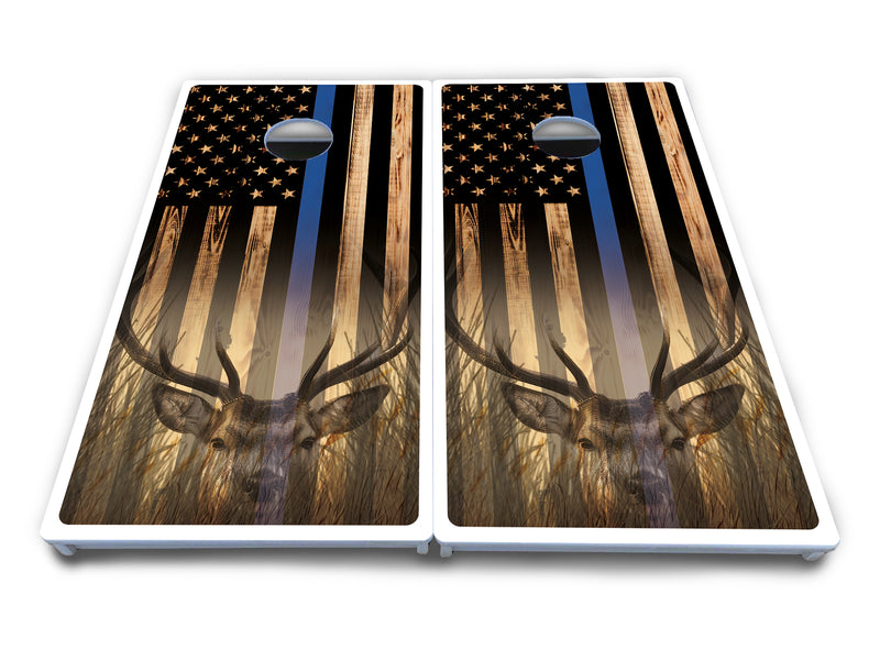 Waterproof - Blue & Red Line Deer & Fish Flag Design Options - All Weather Boards "Outdoor Solution" 18mm(3/4")Direct UV Printed - Regulation 2' by 4' Cornhole Boards (Set of 2 Boards) Double Thick Legs, with Leg Brace & Dual Support Braces!