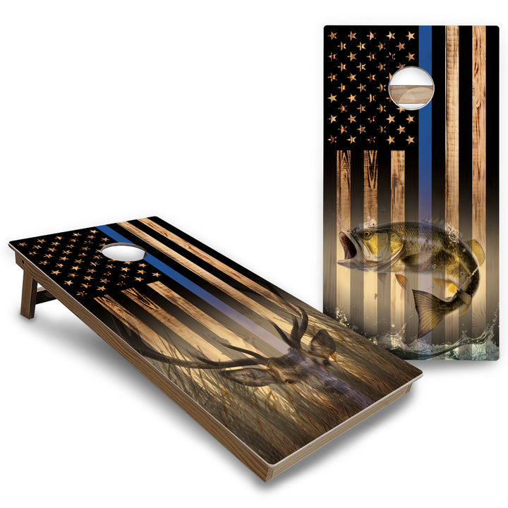Hidden Deer & Fish Burnt Flag Cornhole Boards - Backyard Series