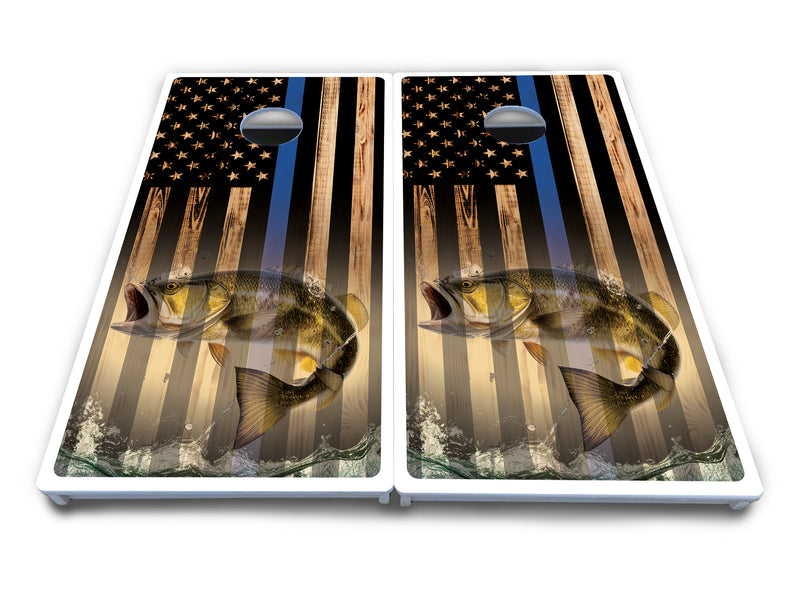 Waterproof - Blue & Red Line Deer & Fish Flag Design Options - All Weather Boards "Outdoor Solution" 18mm(3/4")Direct UV Printed - Regulation 2' by 4' Cornhole Boards (Set of 2 Boards) Double Thick Legs, with Leg Brace & Dual Support Braces!