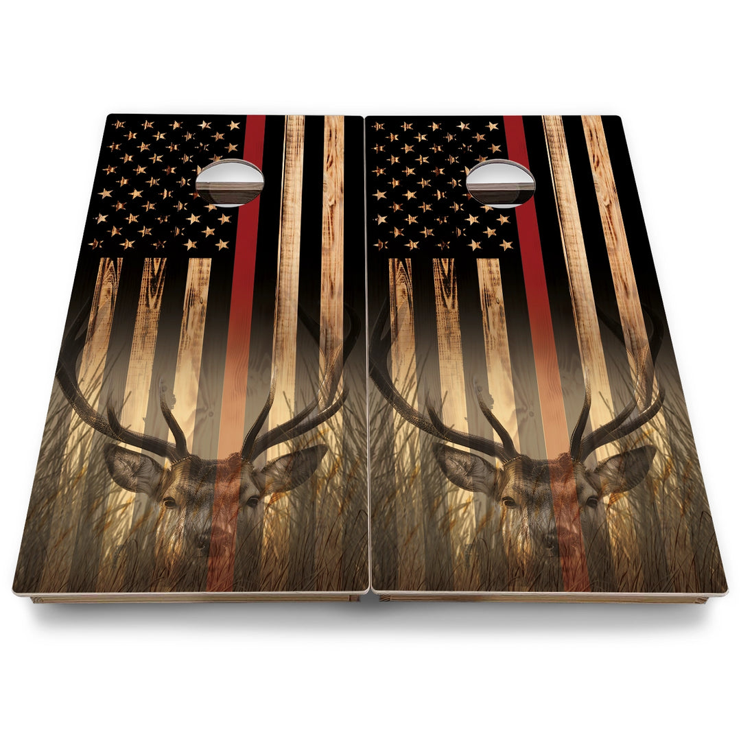 Hidden Deer & Fish Burnt Flag Cornhole Boards - Backyard Series