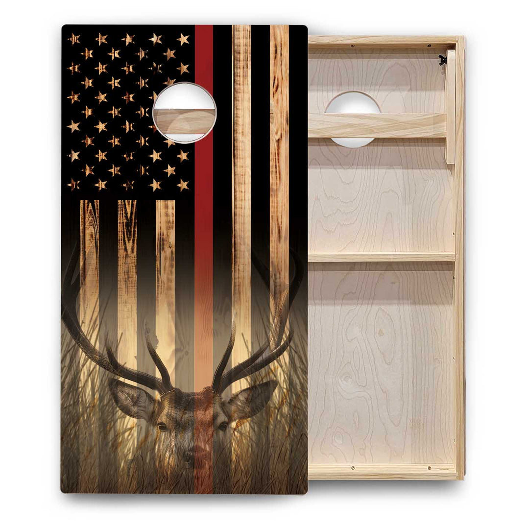 Hidden Deer & Fish Burnt Flag Cornhole Boards - Backyard Series
