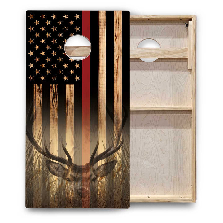 Hidden Deer & Fish Burnt Flag Cornhole Boards - Backyard Series