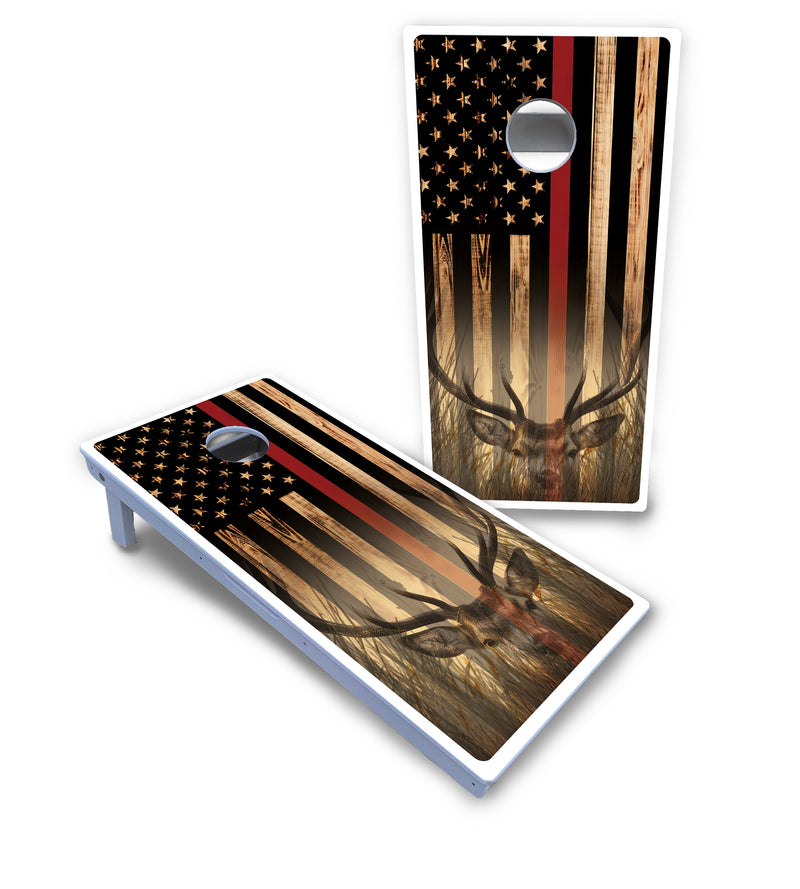 Waterproof - Blue & Red Line Deer & Fish Flag Design Options - All Weather Boards "Outdoor Solution" 18mm(3/4")Direct UV Printed - Regulation 2' by 4' Cornhole Boards (Set of 2 Boards) Double Thick Legs, with Leg Brace & Dual Support Braces!