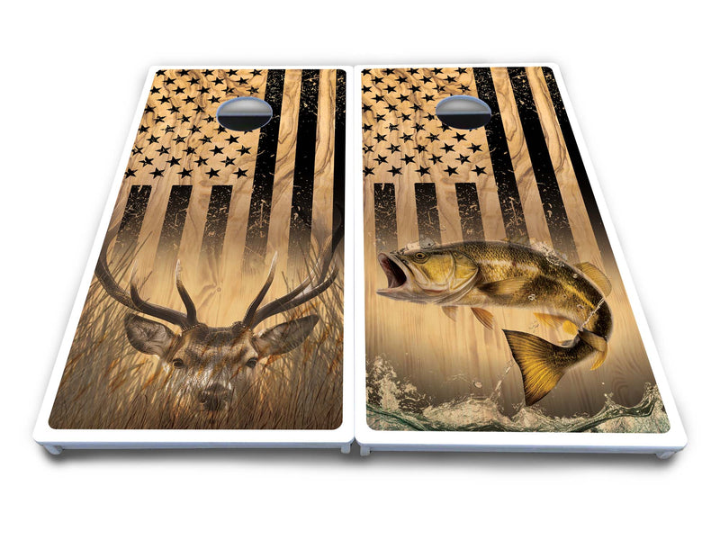 Waterproof - Light Wood Flag Deer & Fish Design Options - All Weather Boards "Outdoor Solution" 18mm(3/4")Direct UV Printed - Regulation 2' by 4' Cornhole Boards (Set of 2 Boards) Double Thick Legs, with Leg Brace & Dual Support Braces!