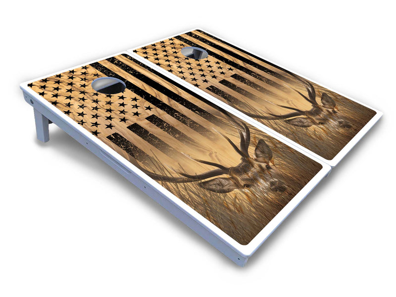 Waterproof - Light Wood Flag Deer & Fish Design Options - All Weather Boards "Outdoor Solution" 18mm(3/4")Direct UV Printed - Regulation 2' by 4' Cornhole Boards (Set of 2 Boards) Double Thick Legs, with Leg Brace & Dual Support Braces!