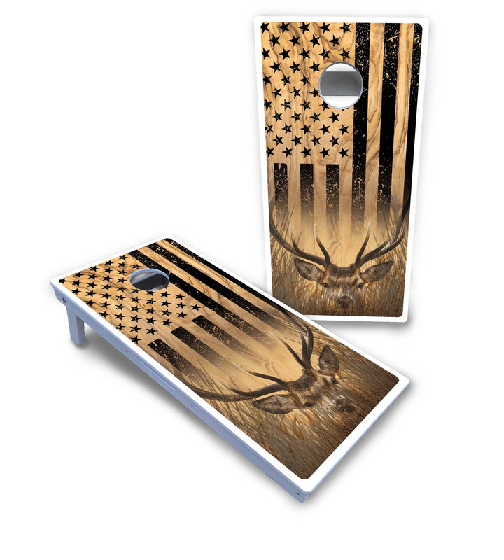 Light Wood Flag Deer & Fish Cornhole Boards - All Weather Series