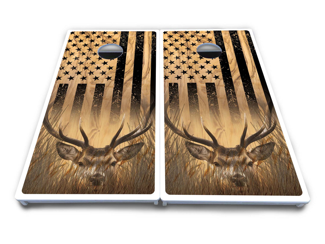 Light Wood Flag Deer & Fish Cornhole Boards - All Weather Series
