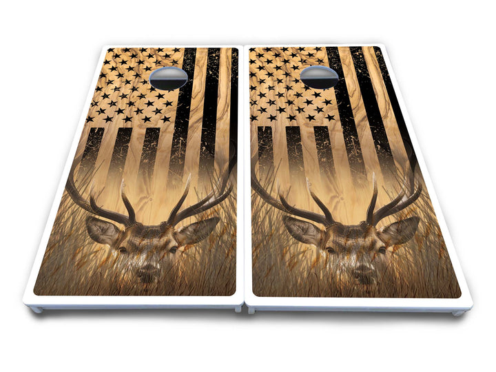Light Wood Flag Deer & Fish Cornhole Boards - All Weather Series