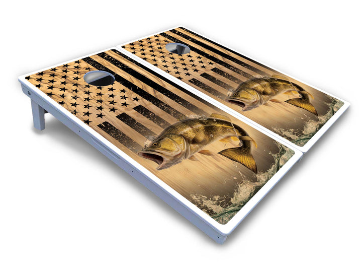 Light Wood Flag Deer & Fish Cornhole Boards - All Weather Series