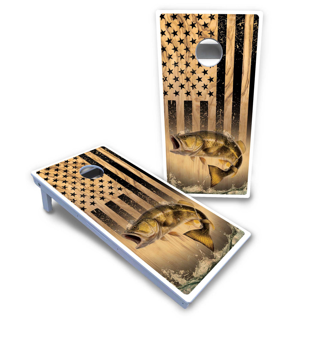 Light Wood Flag Deer & Fish Cornhole Boards - All Weather Series