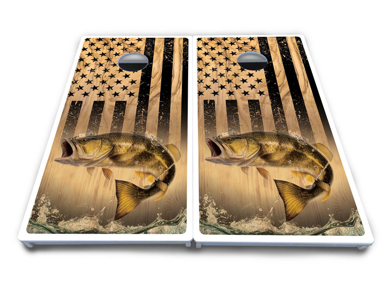 Waterproof - Light Wood Flag Deer & Fish Design Options - All Weather Boards "Outdoor Solution" 18mm(3/4")Direct UV Printed - Regulation 2' by 4' Cornhole Boards (Set of 2 Boards) Double Thick Legs, with Leg Brace & Dual Support Braces!