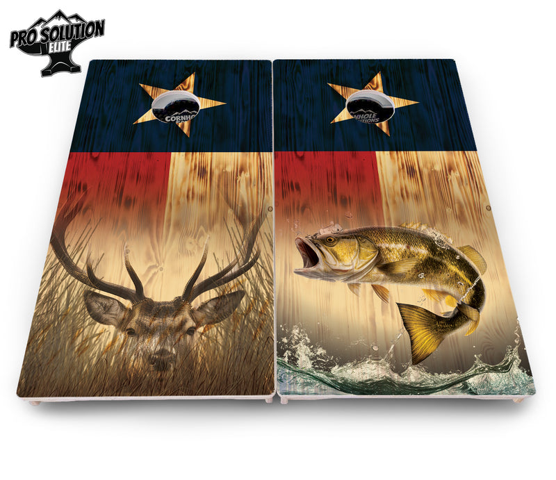 Pro Solution Elite - Texas Flag Deer & Fish Design Options - Professional Tournament Cornhole Boards 3/4" Baltic Birch - Zero Bounce Zero Movement Vertical Interlocking Braces for Extra Weight & Stability +Double Thick Legs +Airmail Blocker