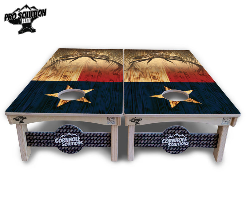 Pro Solution Elite - Texas Flag Deer & Fish Design Options - Professional Tournament Cornhole Boards 3/4" Baltic Birch - Zero Bounce Zero Movement Vertical Interlocking Braces for Extra Weight & Stability +Double Thick Legs +Airmail Blocker