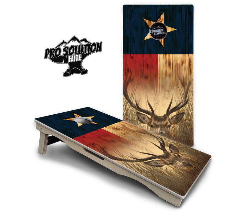 Pro Solution Elite - Texas Flag Deer & Fish Design Options - Professional Tournament Cornhole Boards 3/4" Baltic Birch - Zero Bounce Zero Movement Vertical Interlocking Braces for Extra Weight & Stability +Double Thick Legs +Airmail Blocker