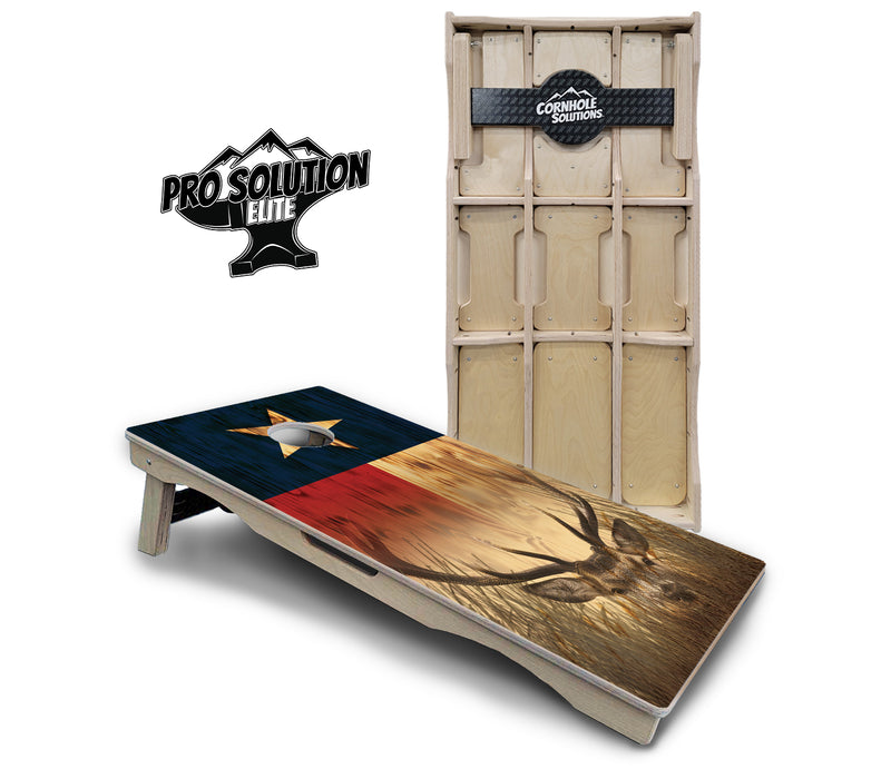 Pro Solution Elite - Texas Flag Deer & Fish Design Options - Professional Tournament Cornhole Boards 3/4" Baltic Birch - Zero Bounce Zero Movement Vertical Interlocking Braces for Extra Weight & Stability +Double Thick Legs +Airmail Blocker