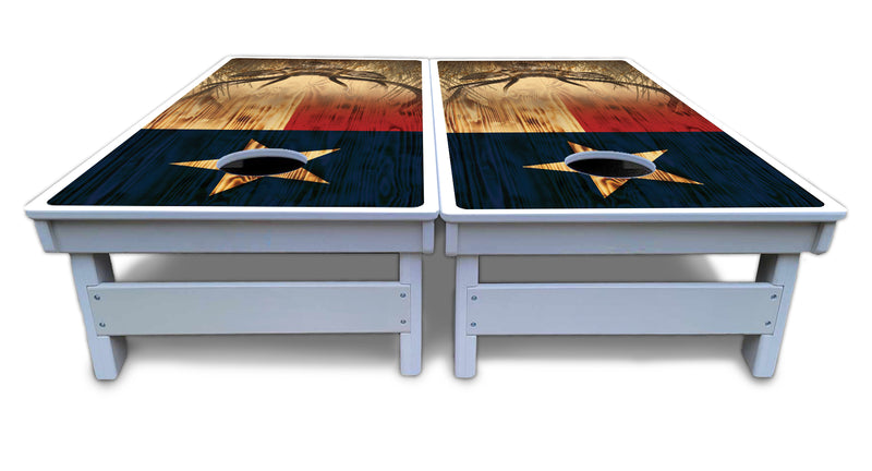 Waterproof - Texas Flag Deer & Fish Design Options - All Weather Boards "Outdoor Solution" 18mm(3/4")Direct UV Printed - Regulation 2' by 4' Cornhole Boards (Set of 2 Boards) Double Thick Legs, with Leg Brace & Dual Support Braces!