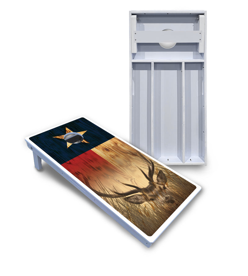 Waterproof - Texas Flag Deer & Fish Design Options - All Weather Boards "Outdoor Solution" 18mm(3/4")Direct UV Printed - Regulation 2' by 4' Cornhole Boards (Set of 2 Boards) Double Thick Legs, with Leg Brace & Dual Support Braces!