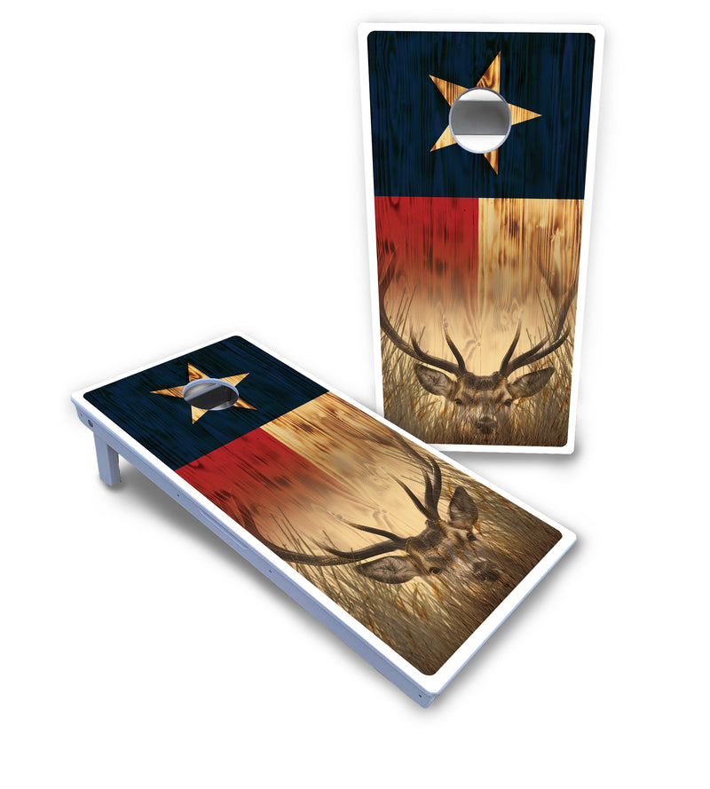 Waterproof - Texas Flag Deer & Fish Design Options - All Weather Boards "Outdoor Solution" 18mm(3/4")Direct UV Printed - Regulation 2' by 4' Cornhole Boards (Set of 2 Boards) Double Thick Legs, with Leg Brace & Dual Support Braces!