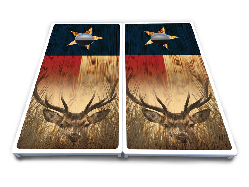 Waterproof - Texas Flag Deer & Fish Design Options - All Weather Boards "Outdoor Solution" 18mm(3/4")Direct UV Printed - Regulation 2' by 4' Cornhole Boards (Set of 2 Boards) Double Thick Legs, with Leg Brace & Dual Support Braces!