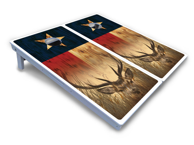 Waterproof - Texas Flag Deer & Fish Design Options - All Weather Boards "Outdoor Solution" 18mm(3/4")Direct UV Printed - Regulation 2' by 4' Cornhole Boards (Set of 2 Boards) Double Thick Legs, with Leg Brace & Dual Support Braces!