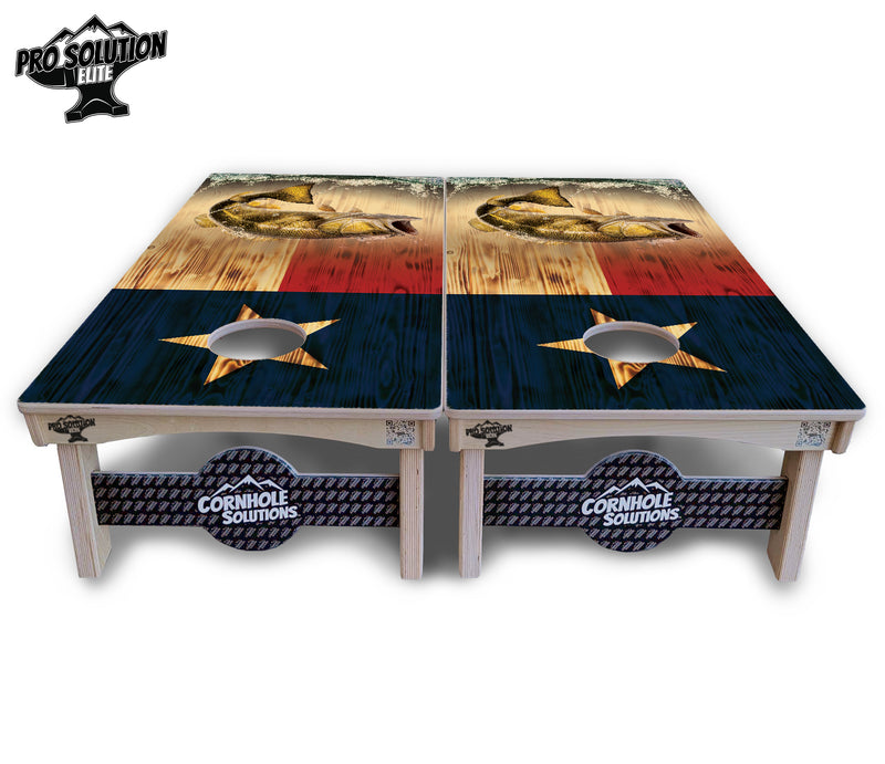 Pro Solution Elite - Texas Flag Deer & Fish Design Options - Professional Tournament Cornhole Boards 3/4" Baltic Birch - Zero Bounce Zero Movement Vertical Interlocking Braces for Extra Weight & Stability +Double Thick Legs +Airmail Blocker