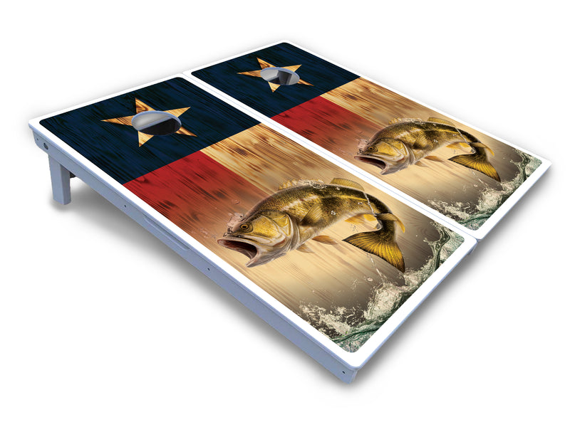 Waterproof - Texas Flag Deer & Fish Design Options - All Weather Boards "Outdoor Solution" 18mm(3/4")Direct UV Printed - Regulation 2' by 4' Cornhole Boards (Set of 2 Boards) Double Thick Legs, with Leg Brace & Dual Support Braces!