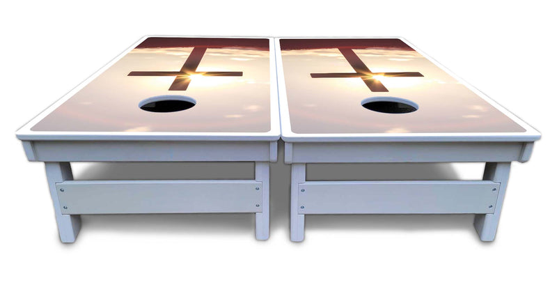 Waterproof - Cross Design - All Weather Boards "Outdoor Solution" 18mm(3/4")Direct UV Printed - Regulation 2' by 4' Cornhole Boards (Set of 2 Boards) Double Thick Legs, with Leg Brace & Dual Support Braces!