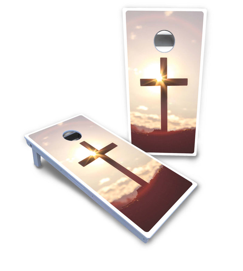 Waterproof - Cross Design - All Weather Boards "Outdoor Solution" 18mm(3/4")Direct UV Printed - Regulation 2' by 4' Cornhole Boards (Set of 2 Boards) Double Thick Legs, with Leg Brace & Dual Support Braces!