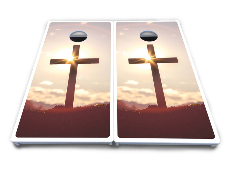 Waterproof - Cross Design - All Weather Boards "Outdoor Solution" 18mm(3/4")Direct UV Printed - Regulation 2' by 4' Cornhole Boards (Set of 2 Boards) Double Thick Legs, with Leg Brace & Dual Support Braces!