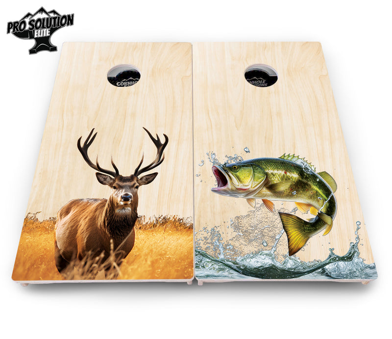 Pro Solution Elite - Natural Deer & Fish Design Options - Professional Tournament Cornhole Boards 3/4" Baltic Birch - Zero Bounce Zero Movement Vertical Interlocking Braces for Extra Weight & Stability +Double Thick Legs +Airmail Blocker