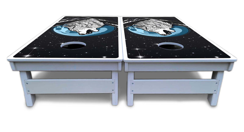 Waterproof - Wolf Howling at Moon - All Weather Boards "Outdoor Solution" 18mm(3/4")Direct UV Printed - Regulation 2' by 4' Cornhole Boards (Set of 2 Boards) Double Thick Legs, with Leg Brace & Dual Support Braces!