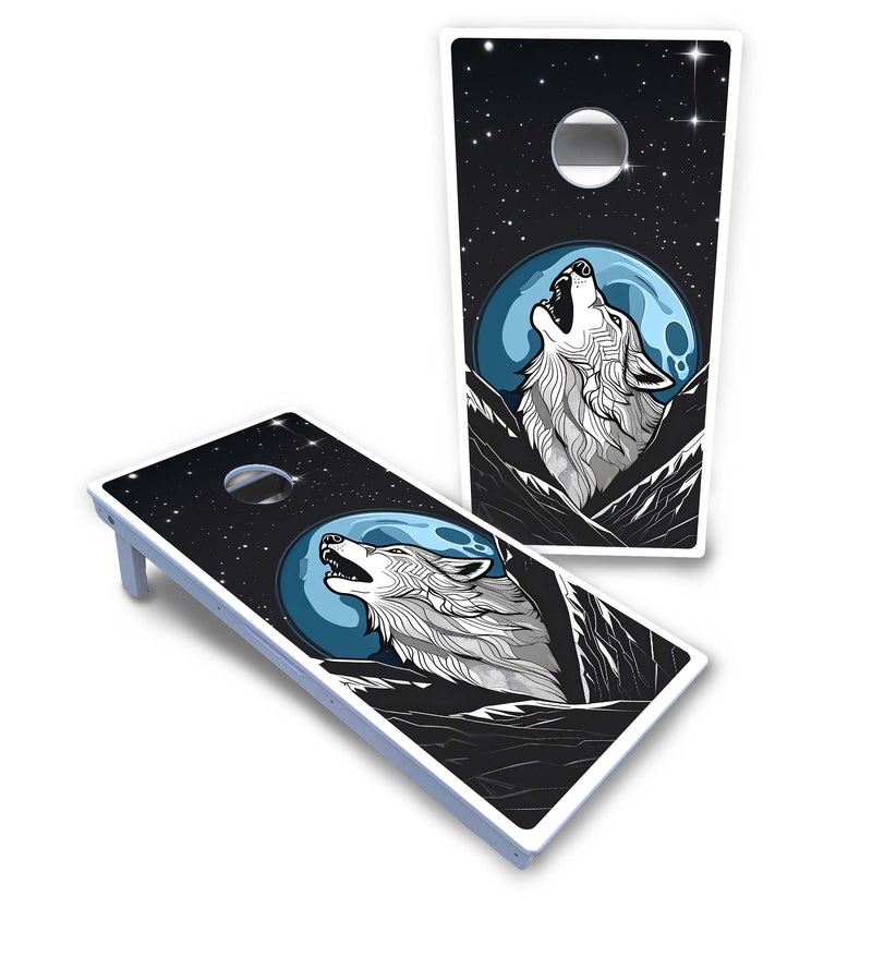 Waterproof - Wolf Howling at Moon - All Weather Boards "Outdoor Solution" 18mm(3/4")Direct UV Printed - Regulation 2' by 4' Cornhole Boards (Set of 2 Boards) Double Thick Legs, with Leg Brace & Dual Support Braces!