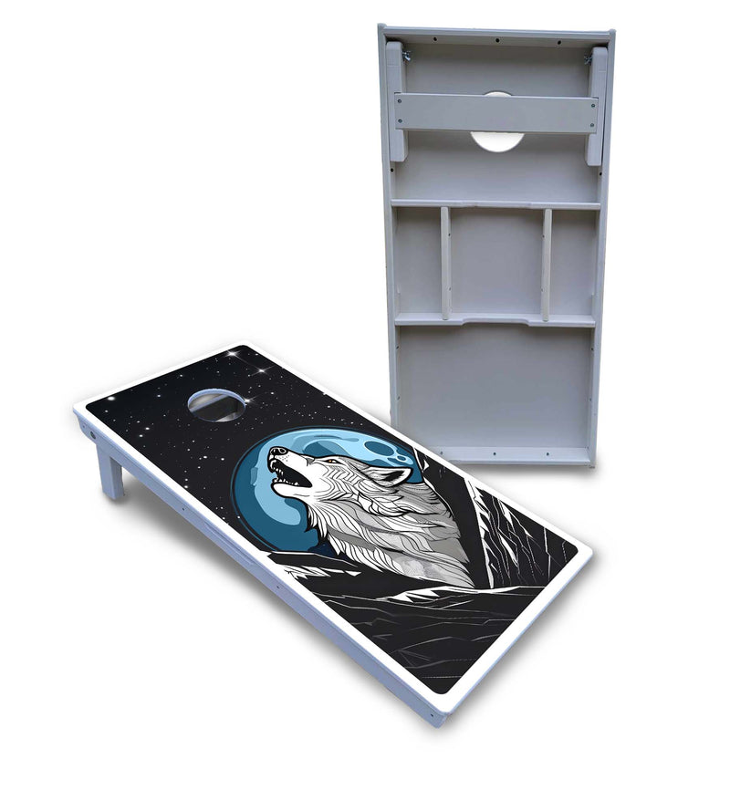 Waterproof - Wolf Howling at Moon - All Weather Boards "Outdoor Solution" 18mm(3/4")Direct UV Printed - Regulation 2' by 4' Cornhole Boards (Set of 2 Boards) Double Thick Legs, with Leg Brace & Dual Support Braces!